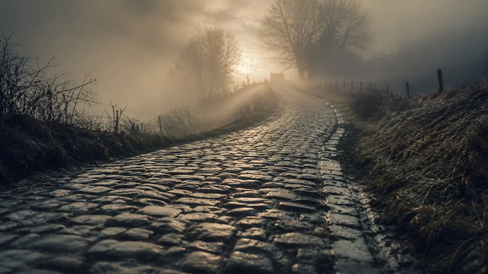 Kasseienweg in de ochtendmist, Hageland